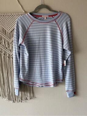 P.J. Salvage Light Blue & White Striped Crewneck with Red Trim